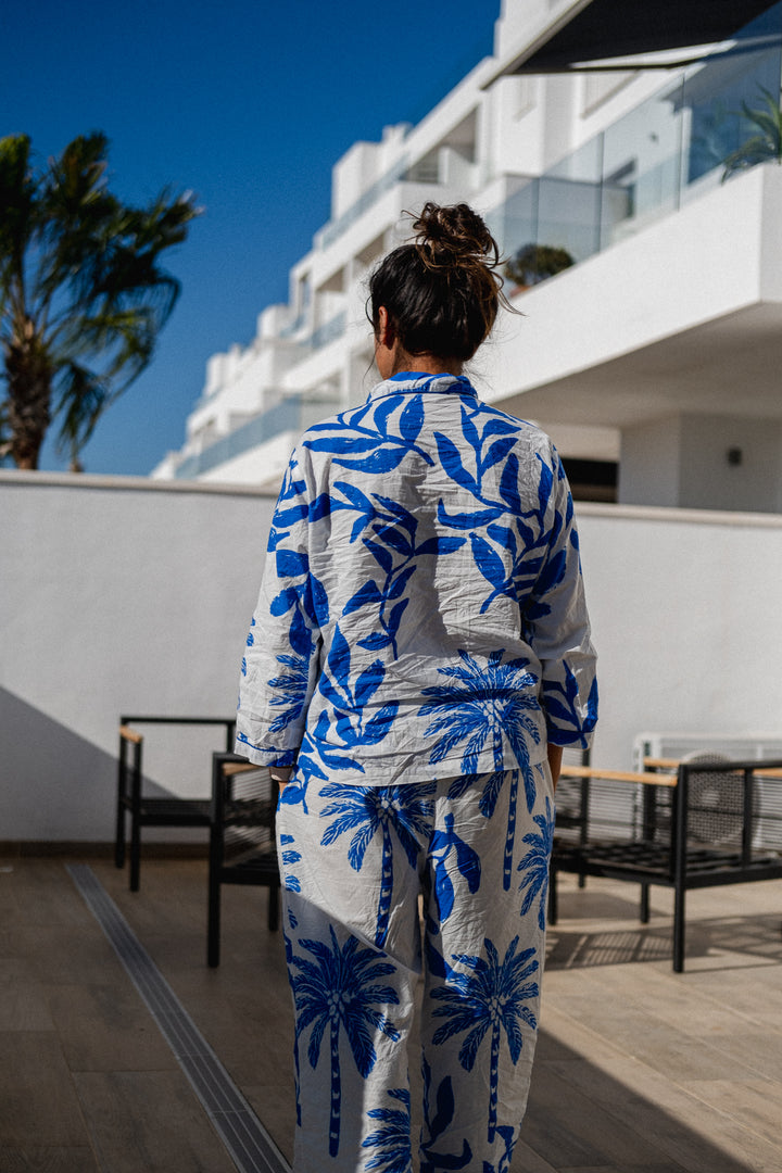 Blue Palm Tree Organic Cotton Pyjamas - Woven Riches NI