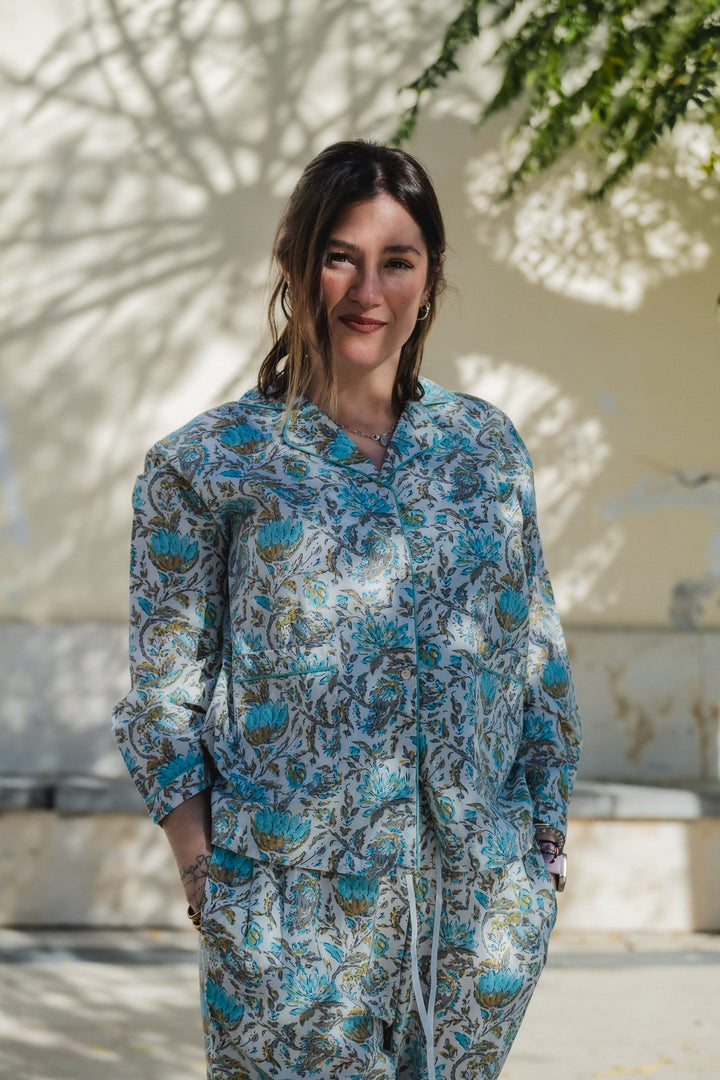 Ahaana Turquoise Block Printed Cotton Pyjamas - Woven Riches NI