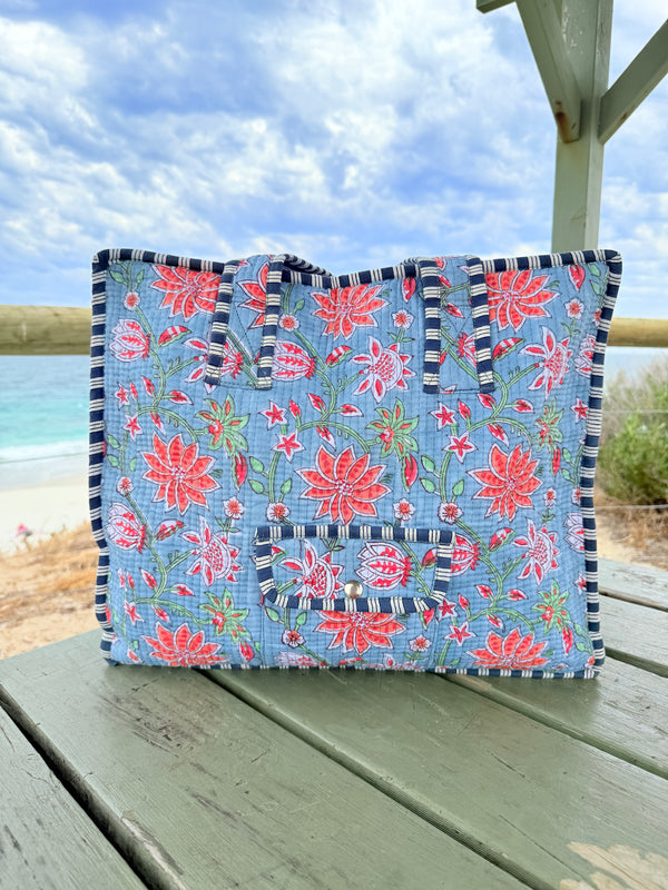 Neel Blue Floral Block Printed tote bag