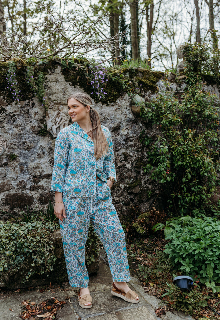 Ahaana Turquoise Block Printed Cotton Pyjamas - Woven Riches NI