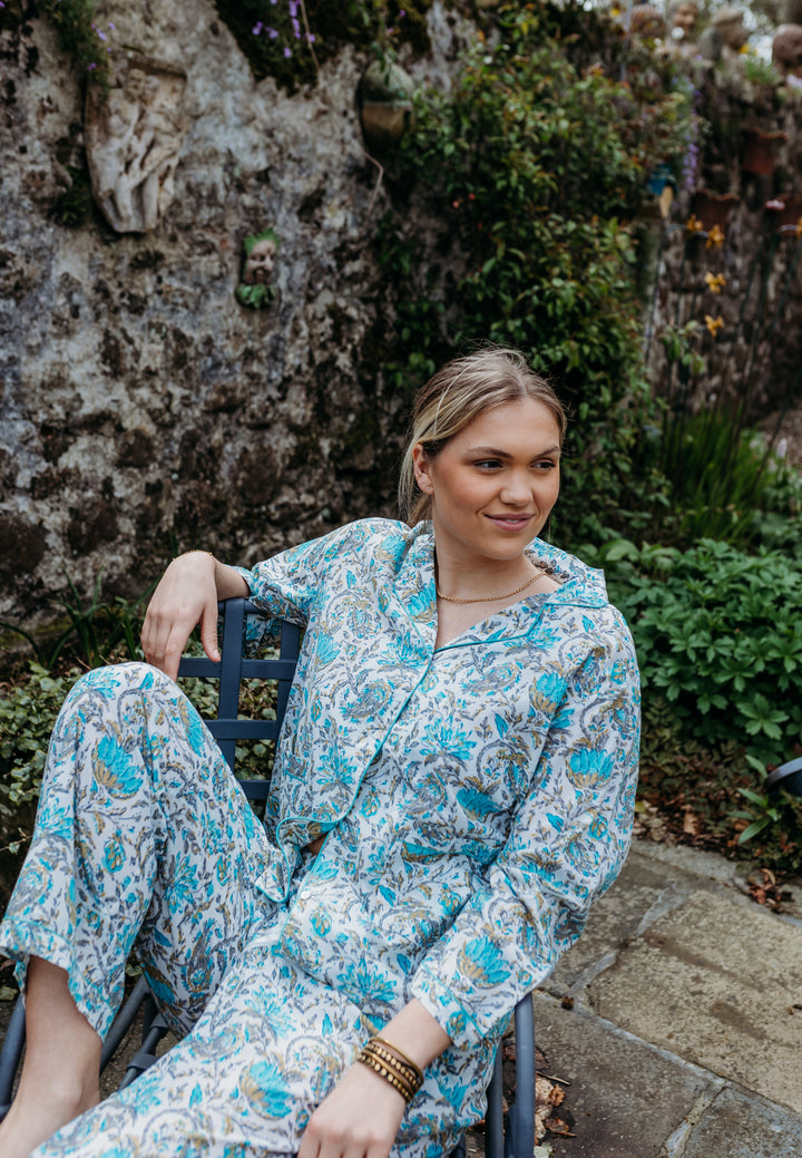 Ahaana Turquoise Block Printed Cotton Pyjamas - Woven Riches NI